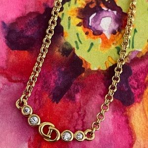 Christian Dior Gold Plated Logo Rhinestone Necklace